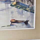 Watercolor on cardboard frame, canal view, signed Jean. Signature to be identified.