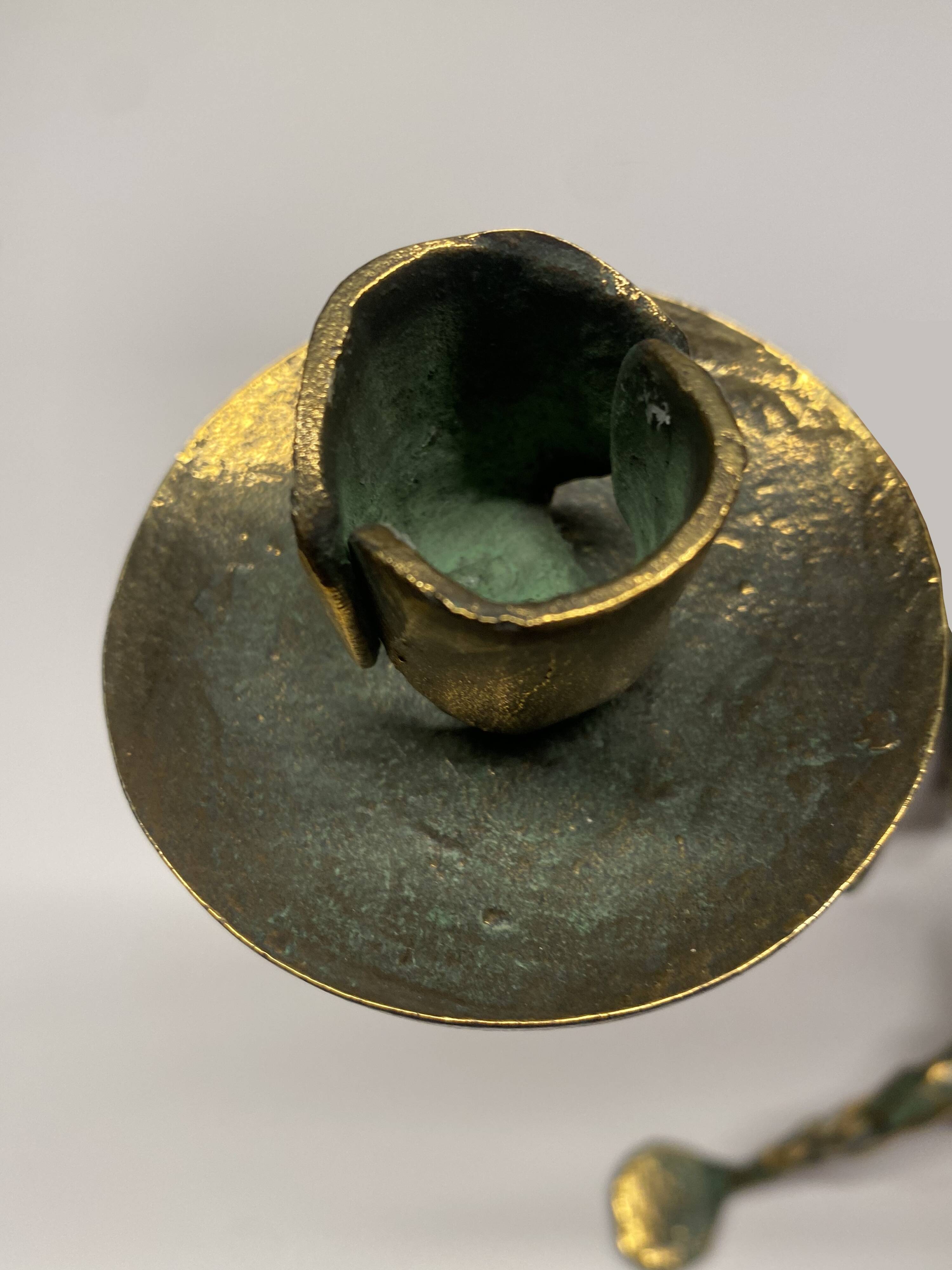 Sculptural bronze candlestick with a patina in the style of Giacometti, 1990.