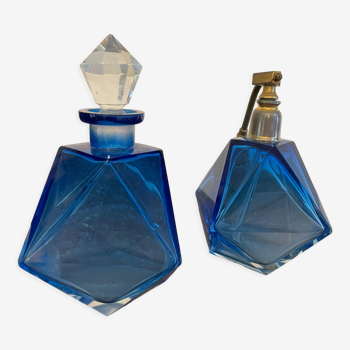 2 old blue glass perfume bottles