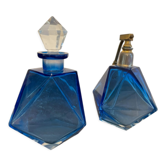 2 old blue glass perfume bottles