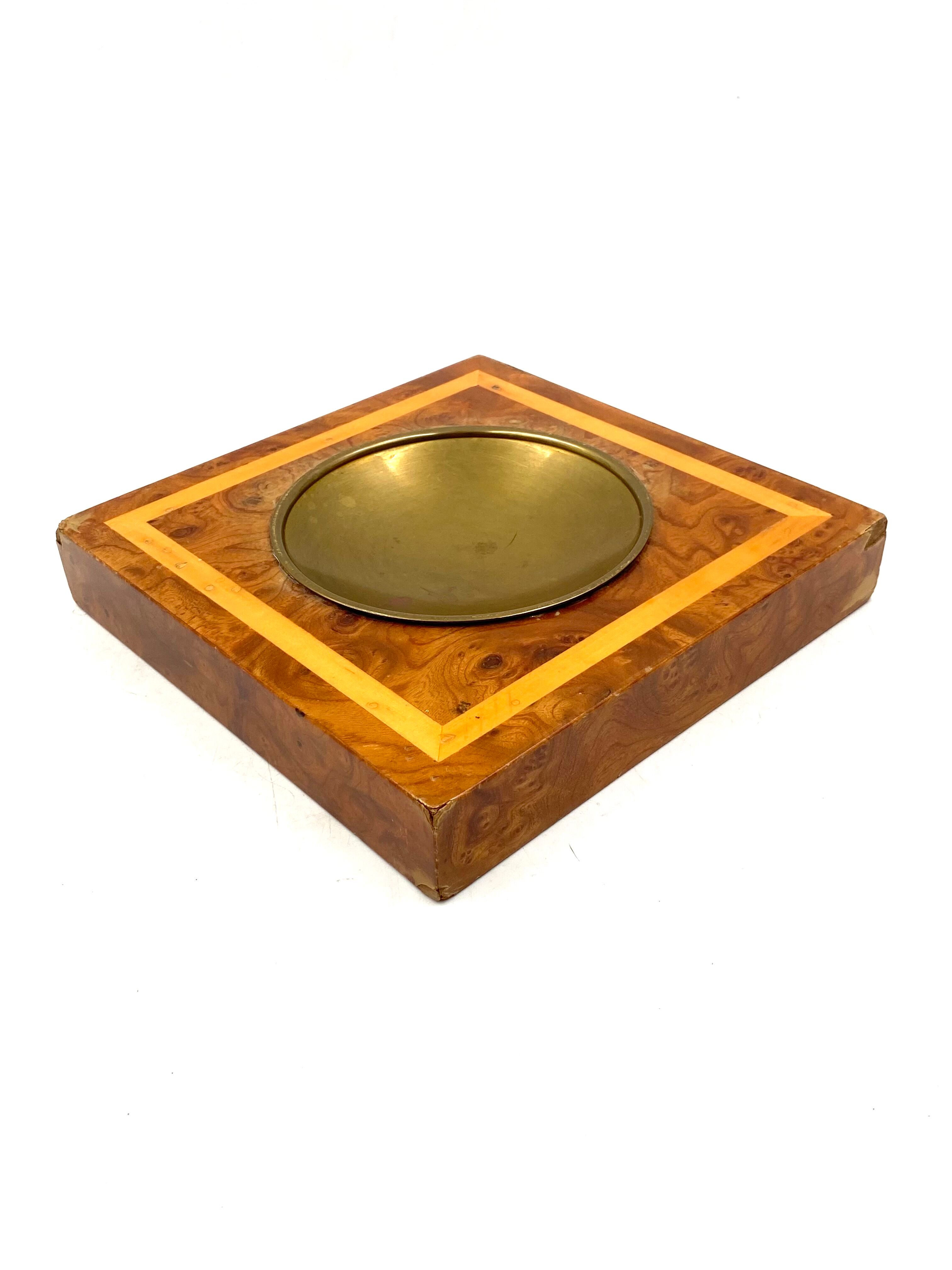 Smoking Set, brass and wood ashtrays, lighter and cigars box, Italy 1970