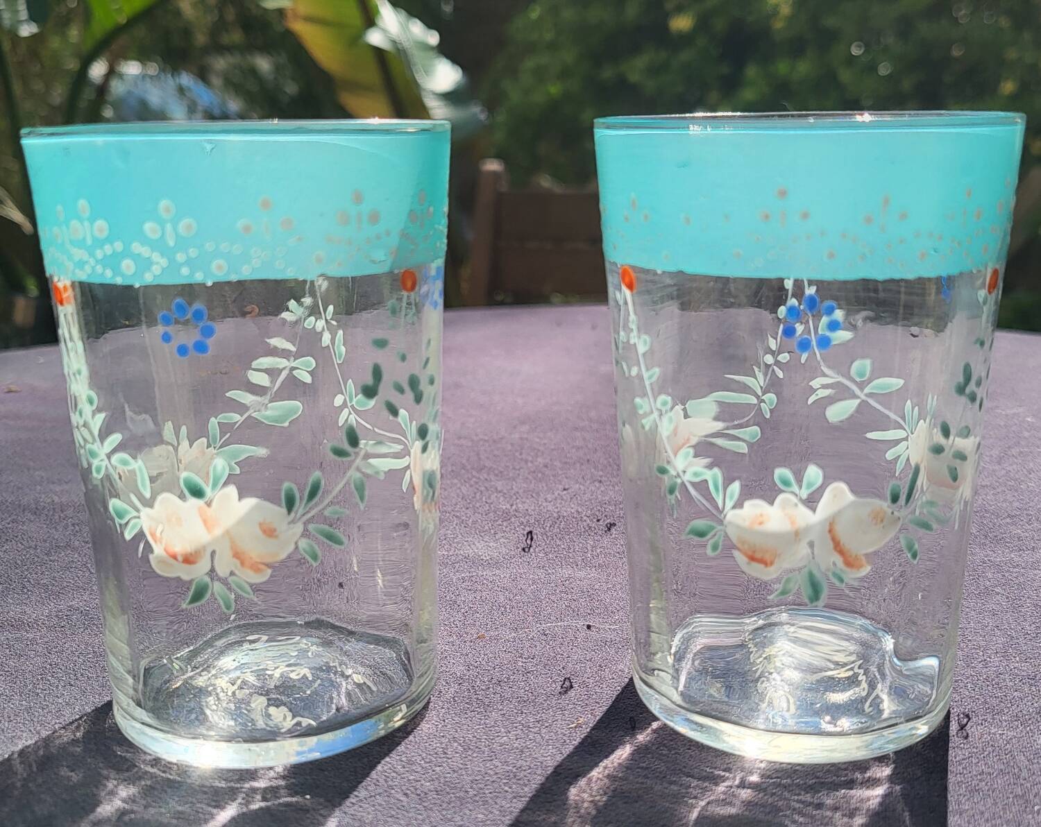 2 bohemian fine green enameled glasses