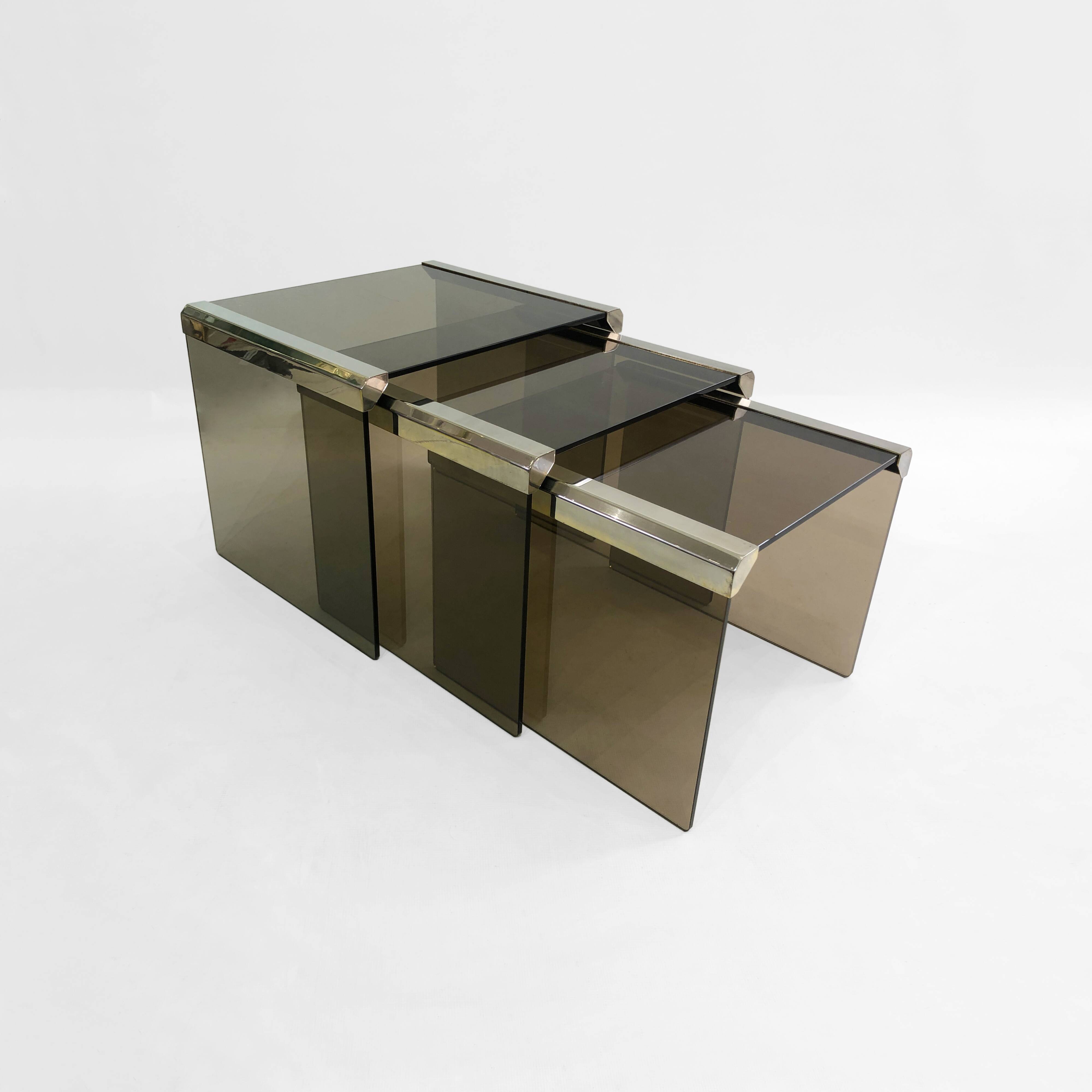 Gallotti & Radice ‘Tris’ T35 Smoked Glass Nest Side Tables Chrome
