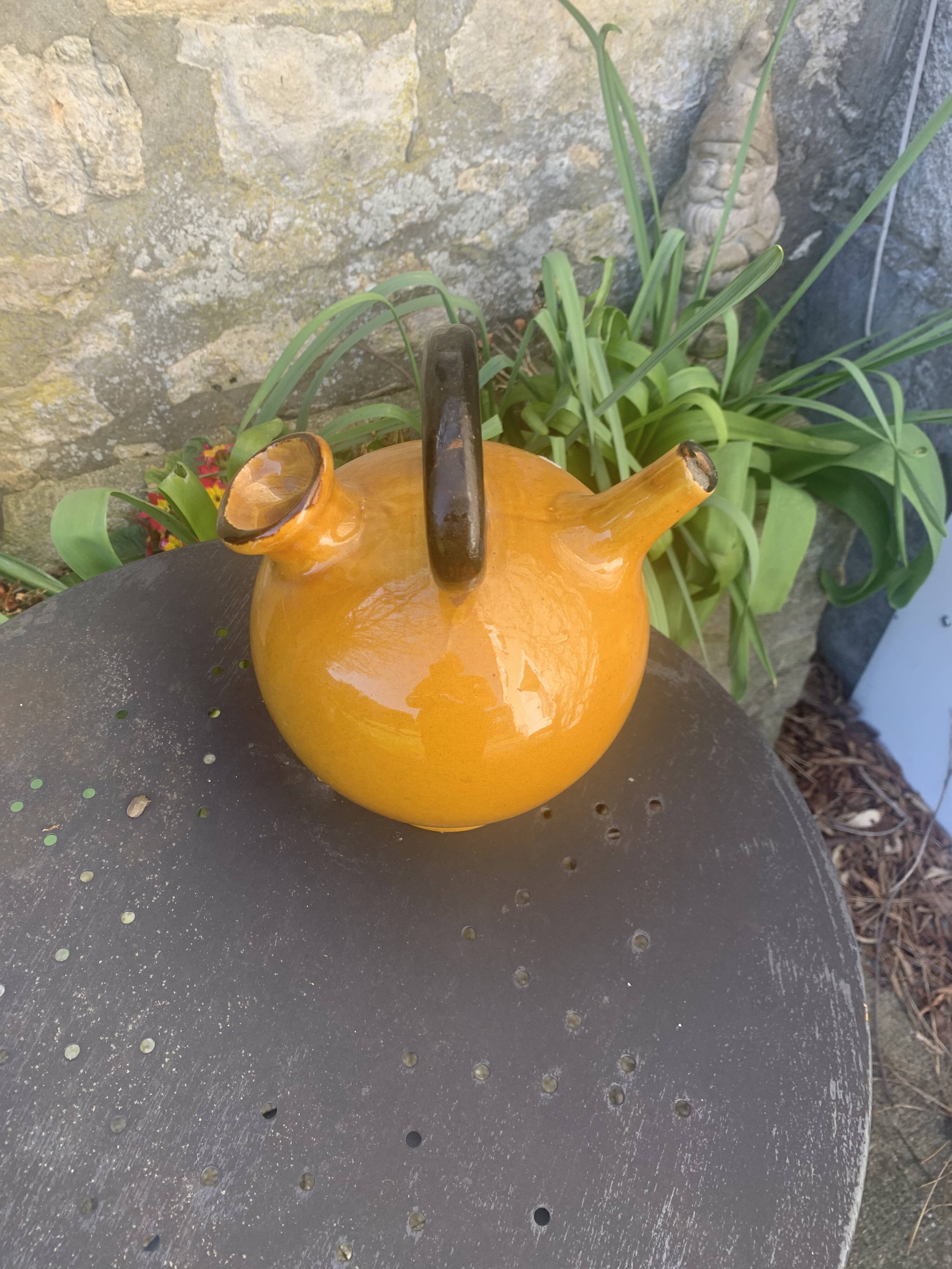 Gargoulette, Provençal jug in enamelled ceramic, vintage ochre color