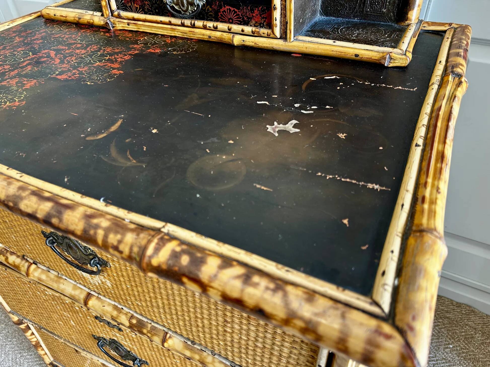 Victorian tiger bamboo, cane & chinoiserie dressing table with drawers, England 1880s, aesthetic movement