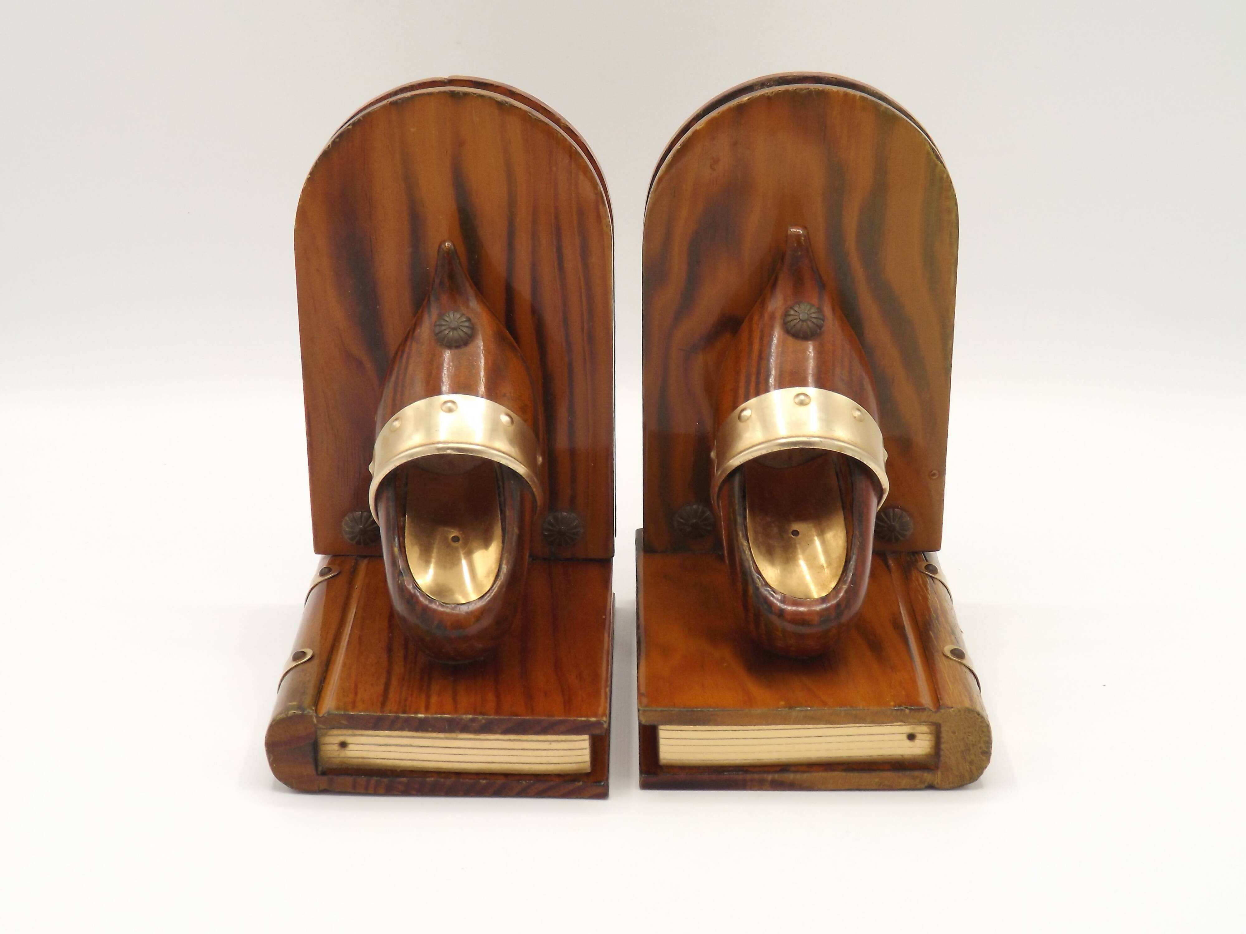 Vintage French Breton wooden bookends hand-carved with book and clog motif.