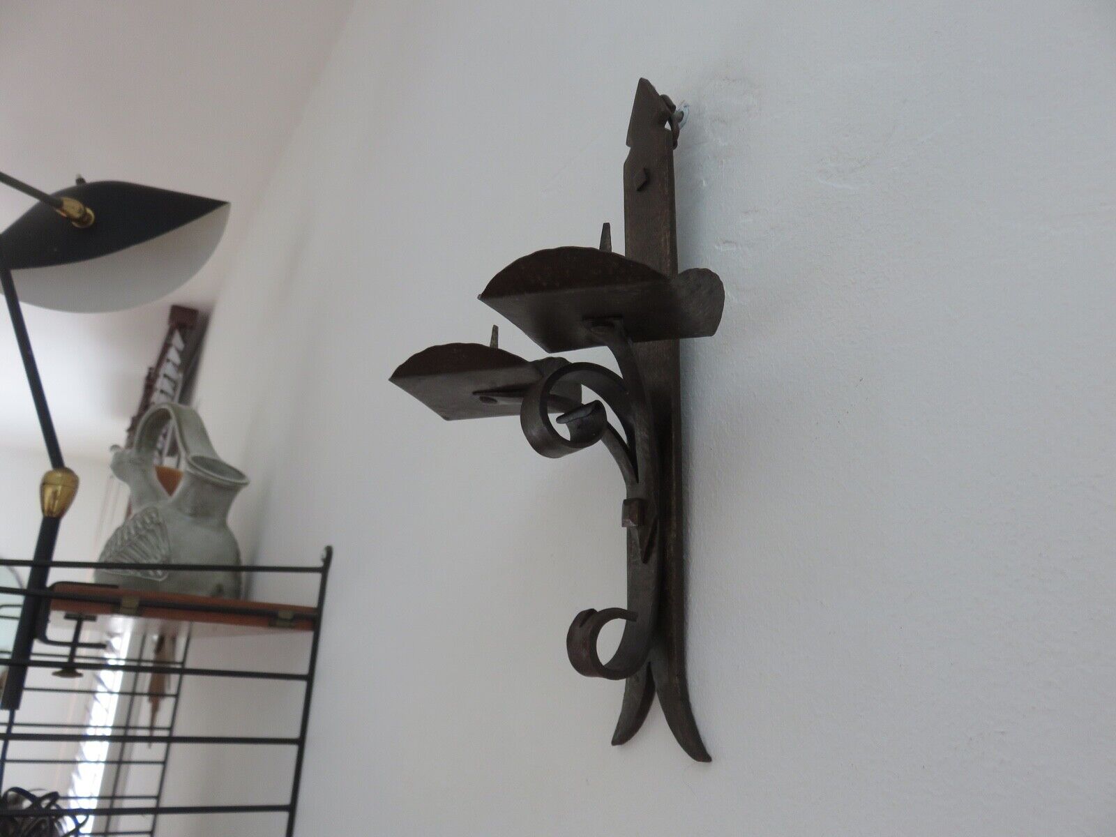 Series of 3 brutalist double wall candle holders in wrought iron beaten 40 years 50