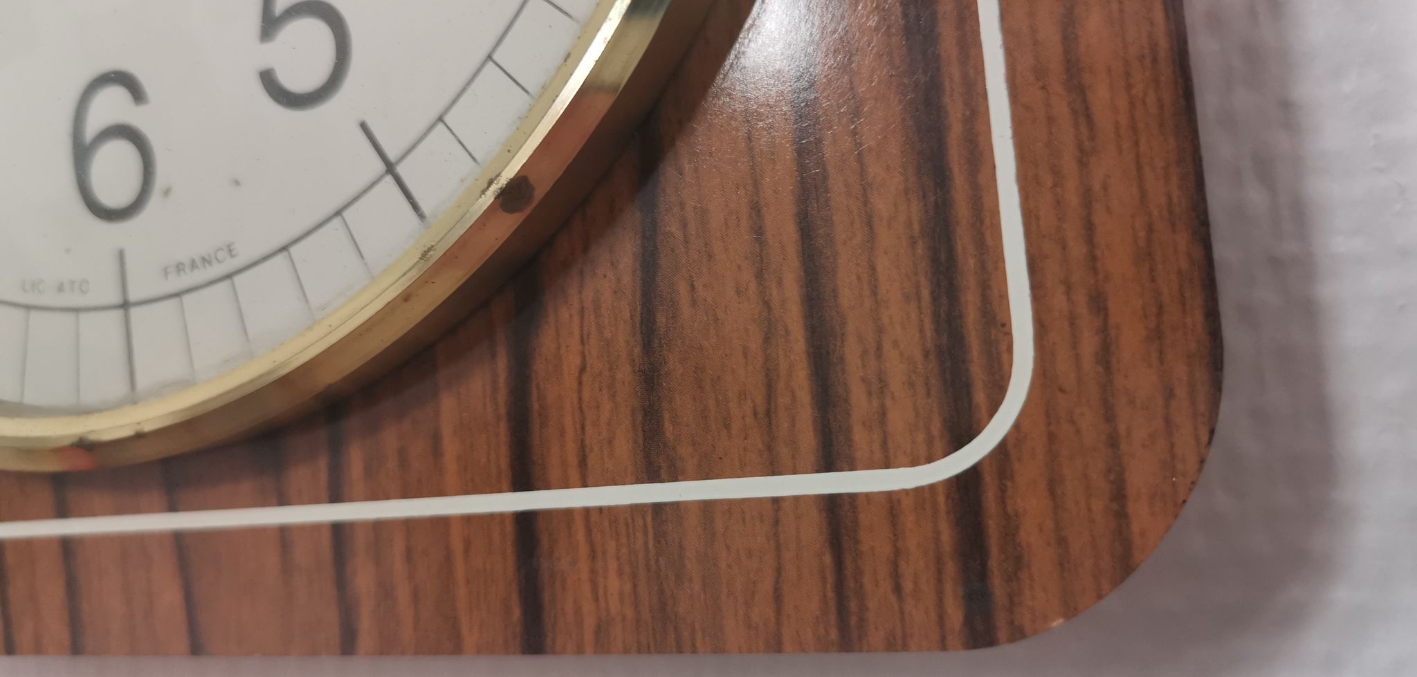 Old wall clock jaz quartz wall clock in formica brown 1960s