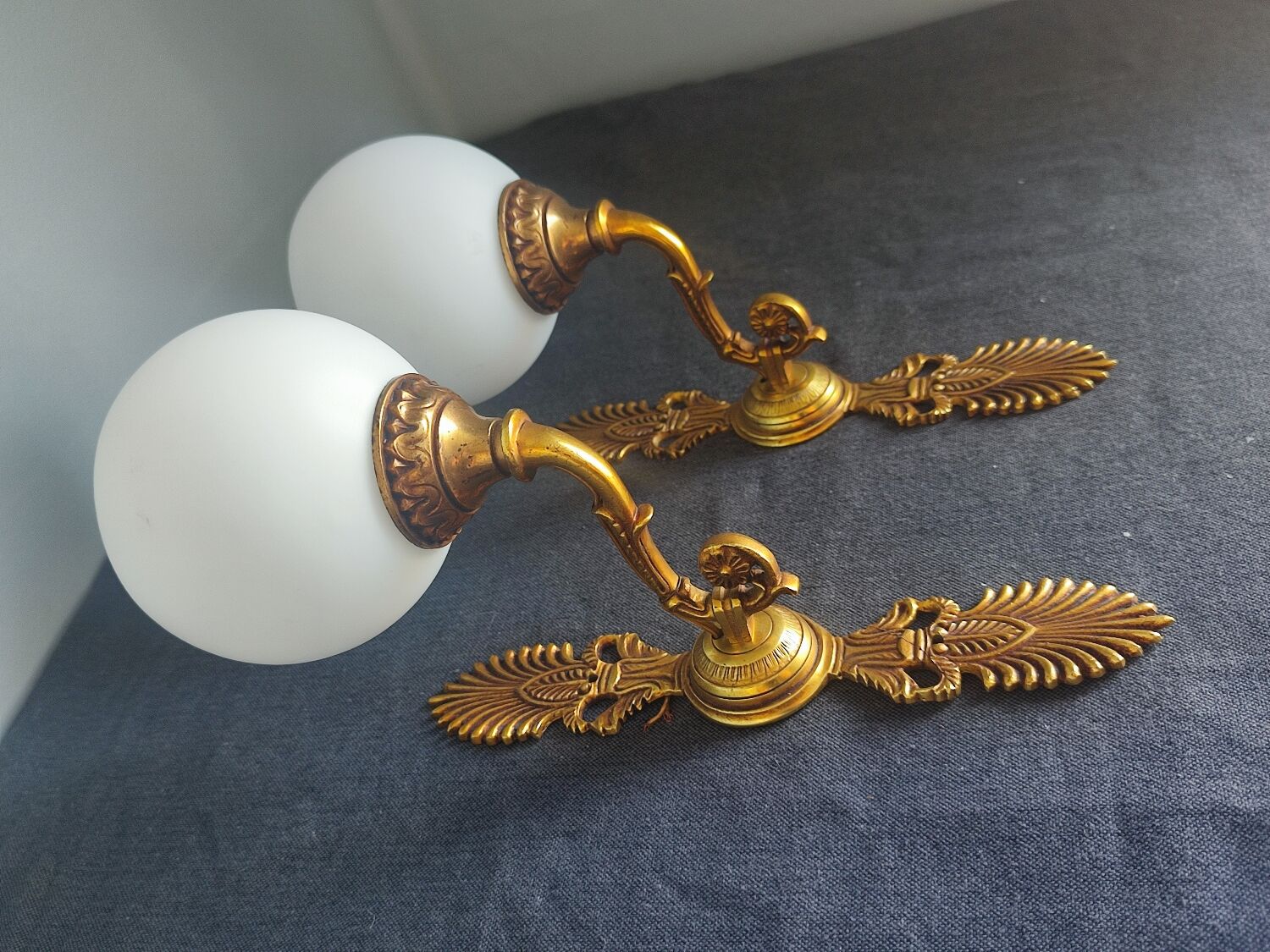 Pair of vintage brass and opaline wall lights