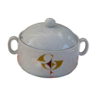 Soupiere en porcelaine blanche, Schirnding Bavaria, motif geometrique design et vintage 1970