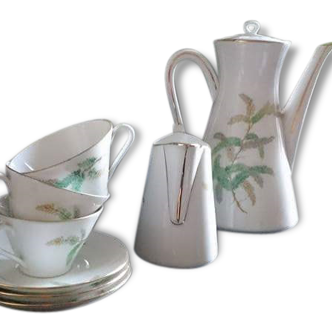 Service coffee vintage porcelain Limoges LF. Décor "Leaves"