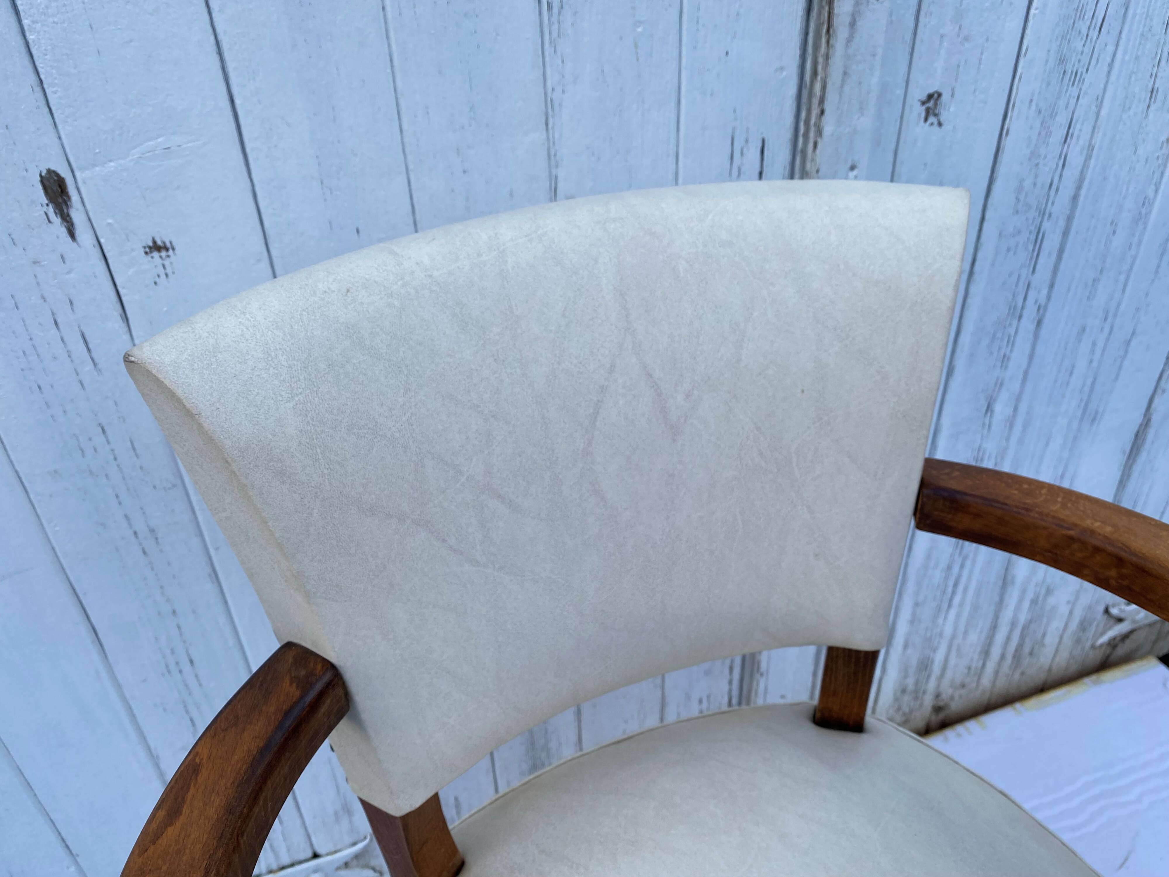 Art deco bridge armchair skai ivory white and solid wood 1930s