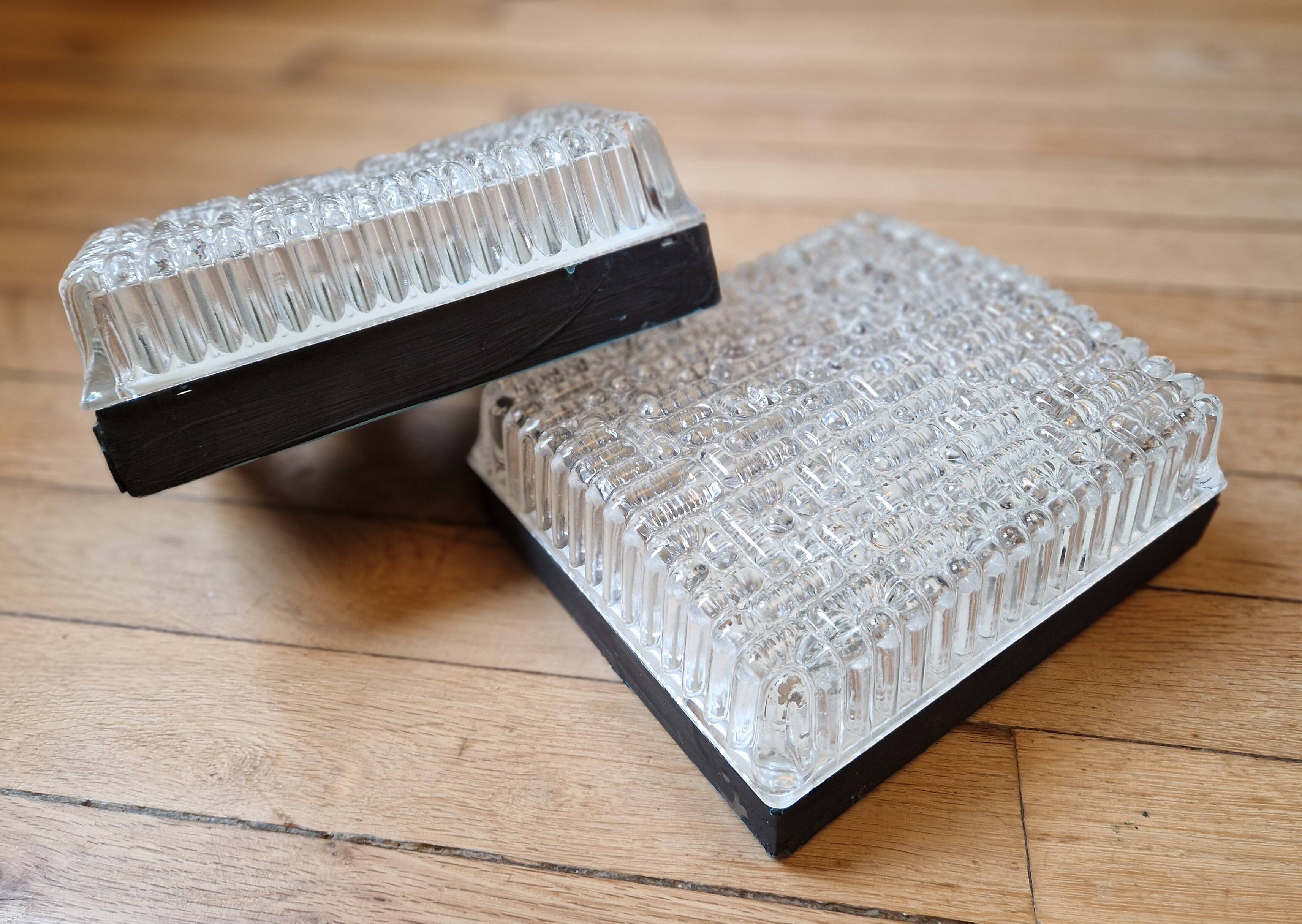 Pair of rectangular wall/ceiling lights in molded glass, 1960s