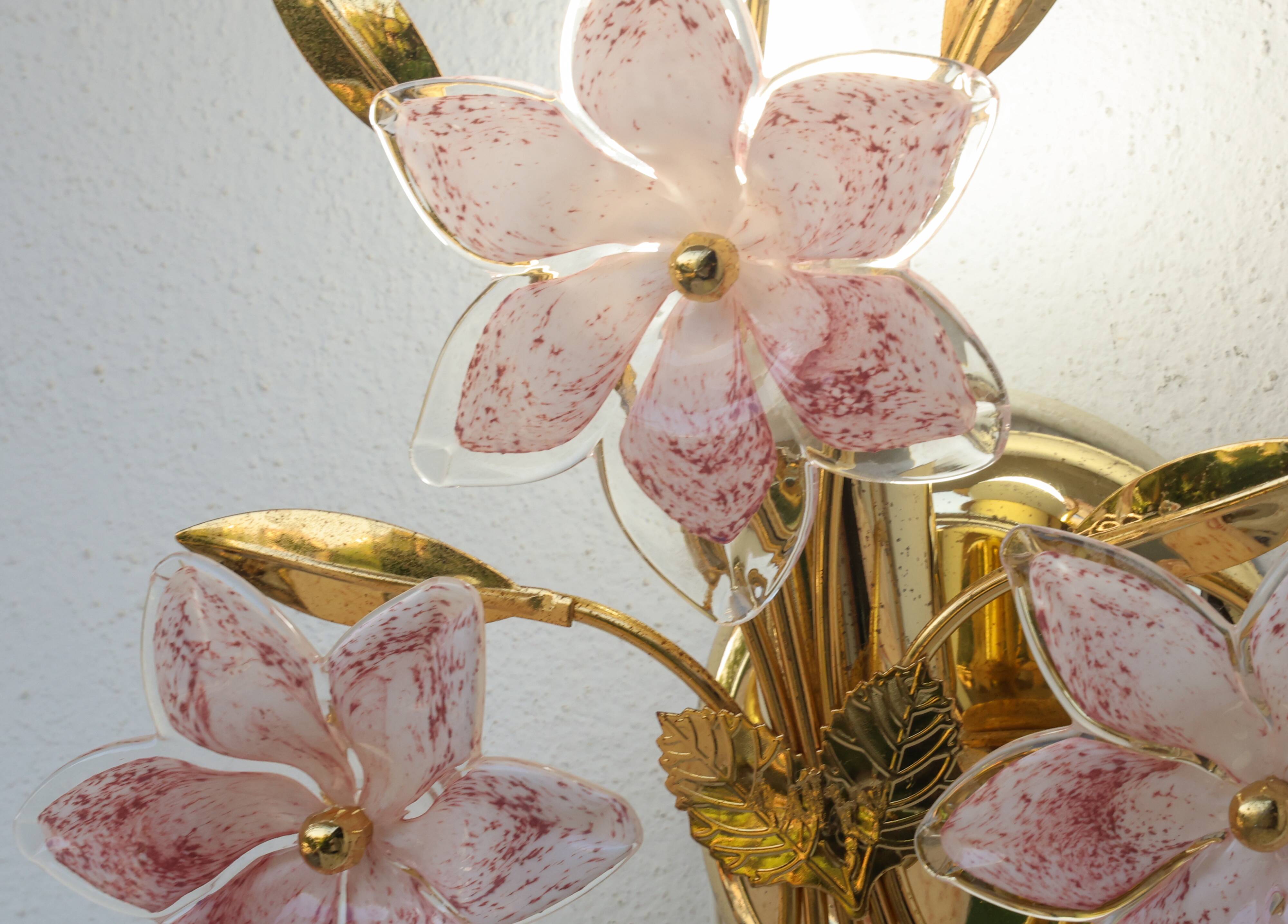 Ensemble de 2 appliques Murano fleurs roses, années 1970
