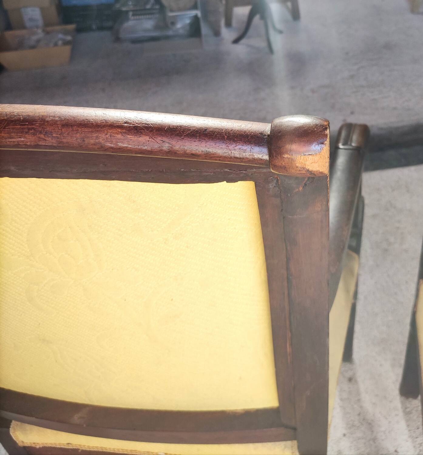 2 antique matching armchairs in wood and fabric