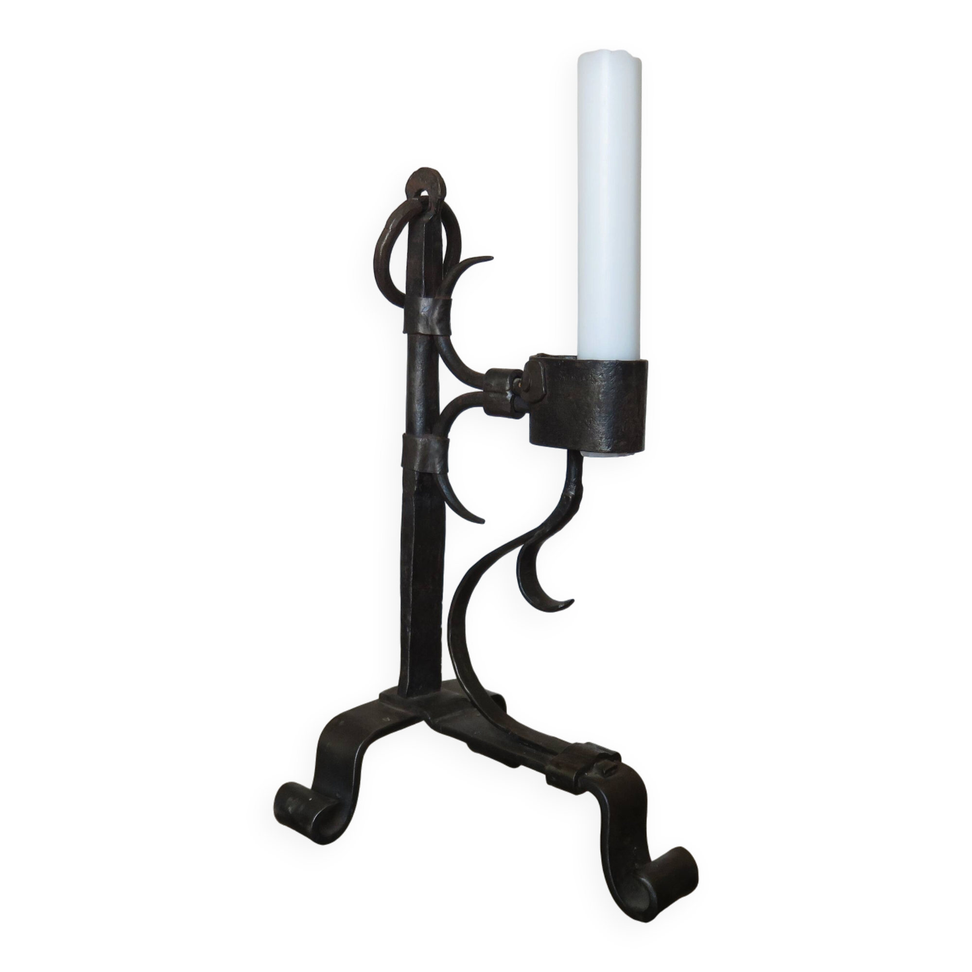 Brutalist candlestick in blackened wrought iron from the 1940s-50s.