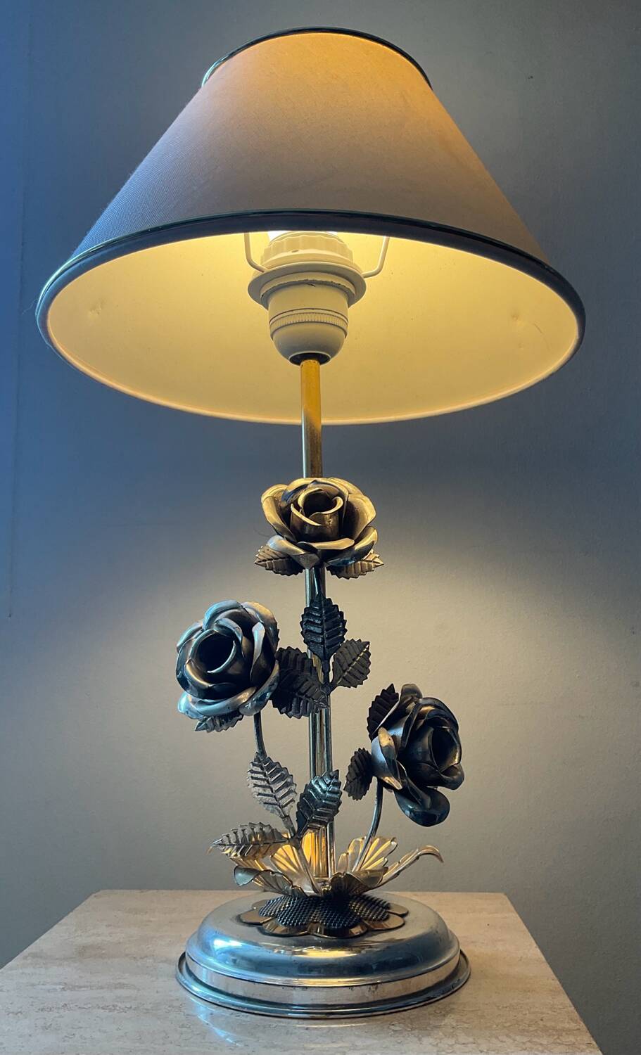 Vintage Franco Italy lamp with silver and gold metal flowers
