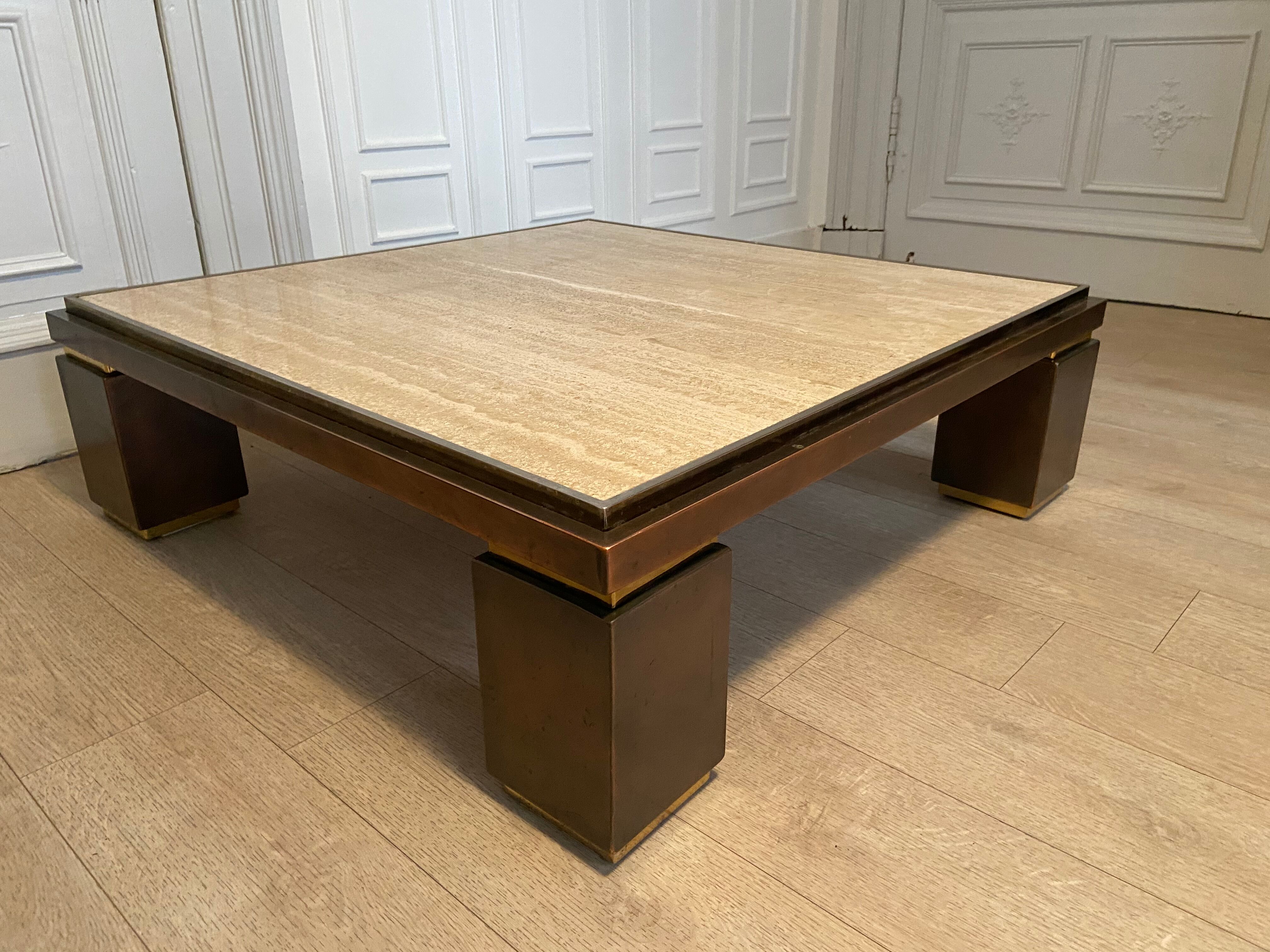 XXL copper brass and travertine square coffee table, Belgo Chrom