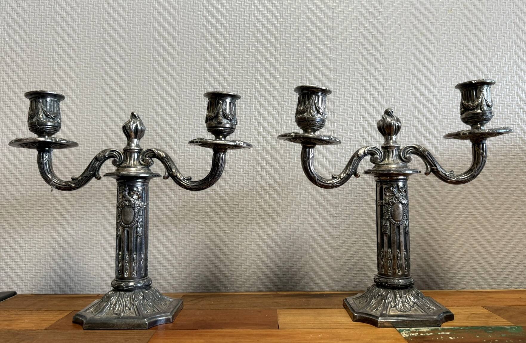 Pair of Louis XVI style silver-plated bronze candlesticks circa 1850