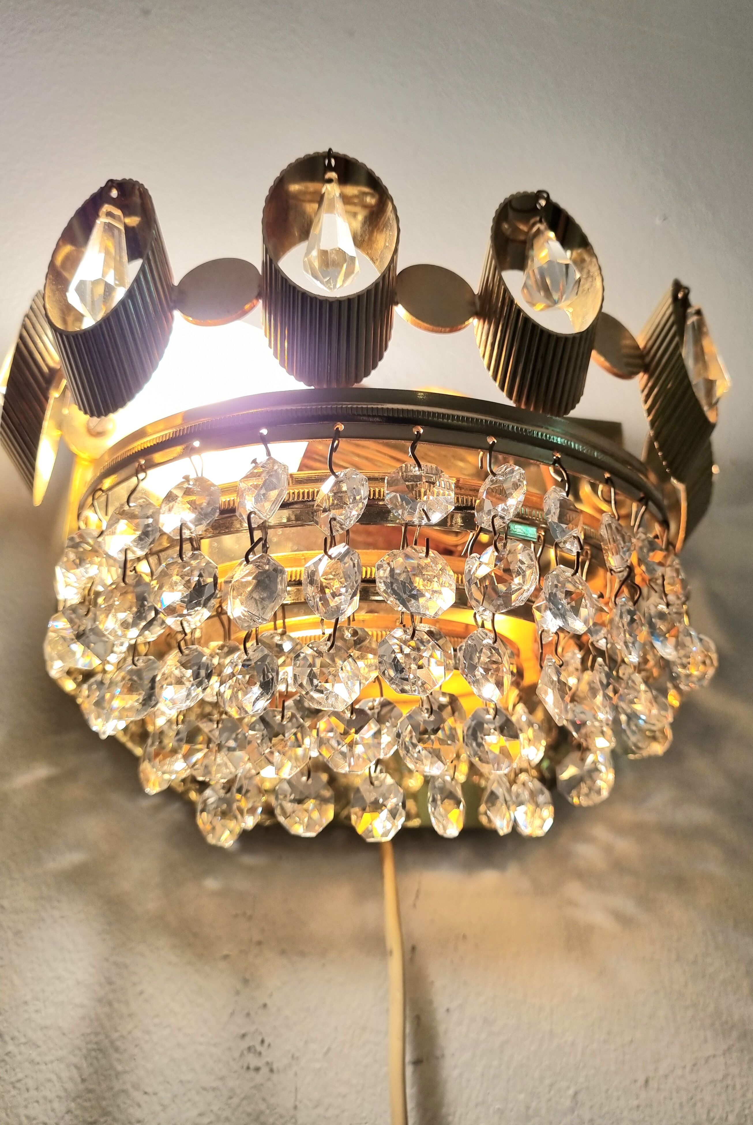 Set of 2 Palwa wall lights, crystal sconces, Hollywood Regency glam vintage decor lamps, 1960s