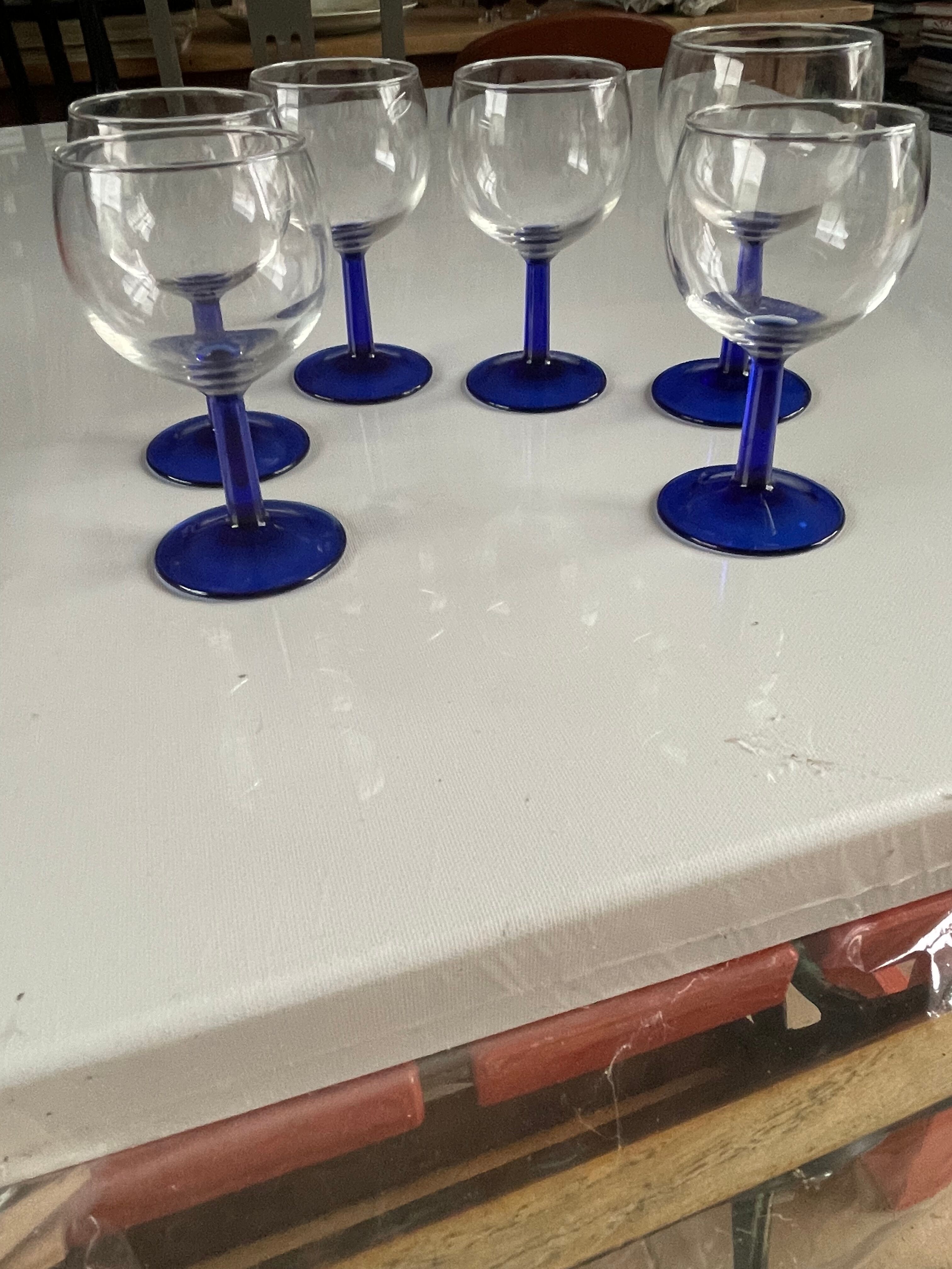 6 glasses 13 cm wine ARC France vintage foot blue stem