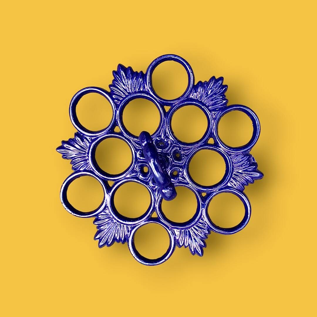 Pair of antique blue enamelled cast iron egg stands - 1960s