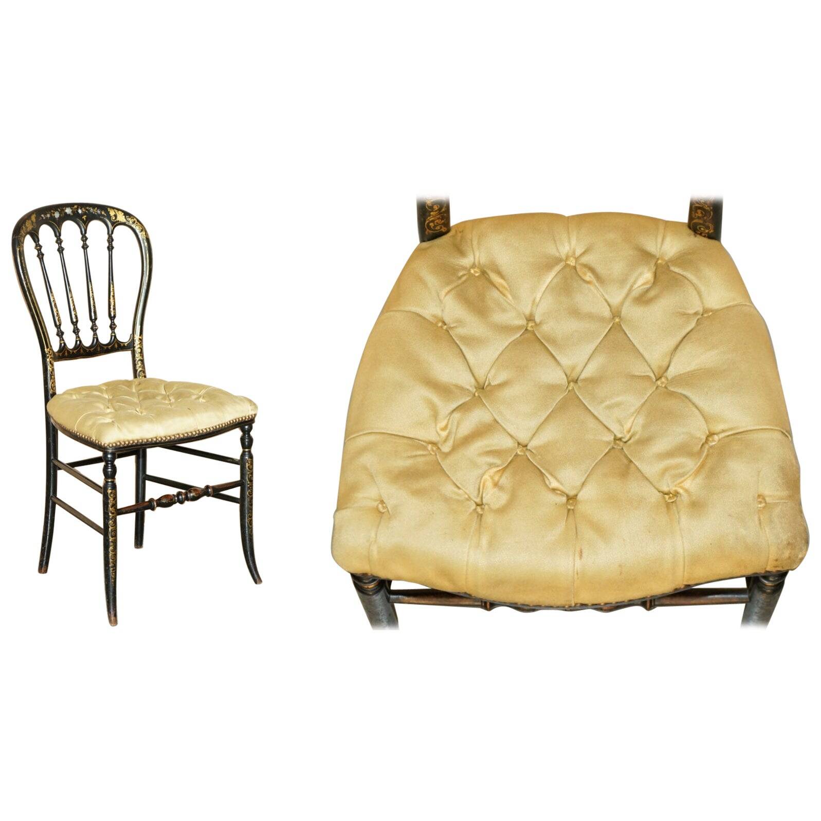 Regency Antique 1815 Occasional Chair in Ebonised Wood, Mother of Pearl, Silk and Chesterfield Upholstered Seat