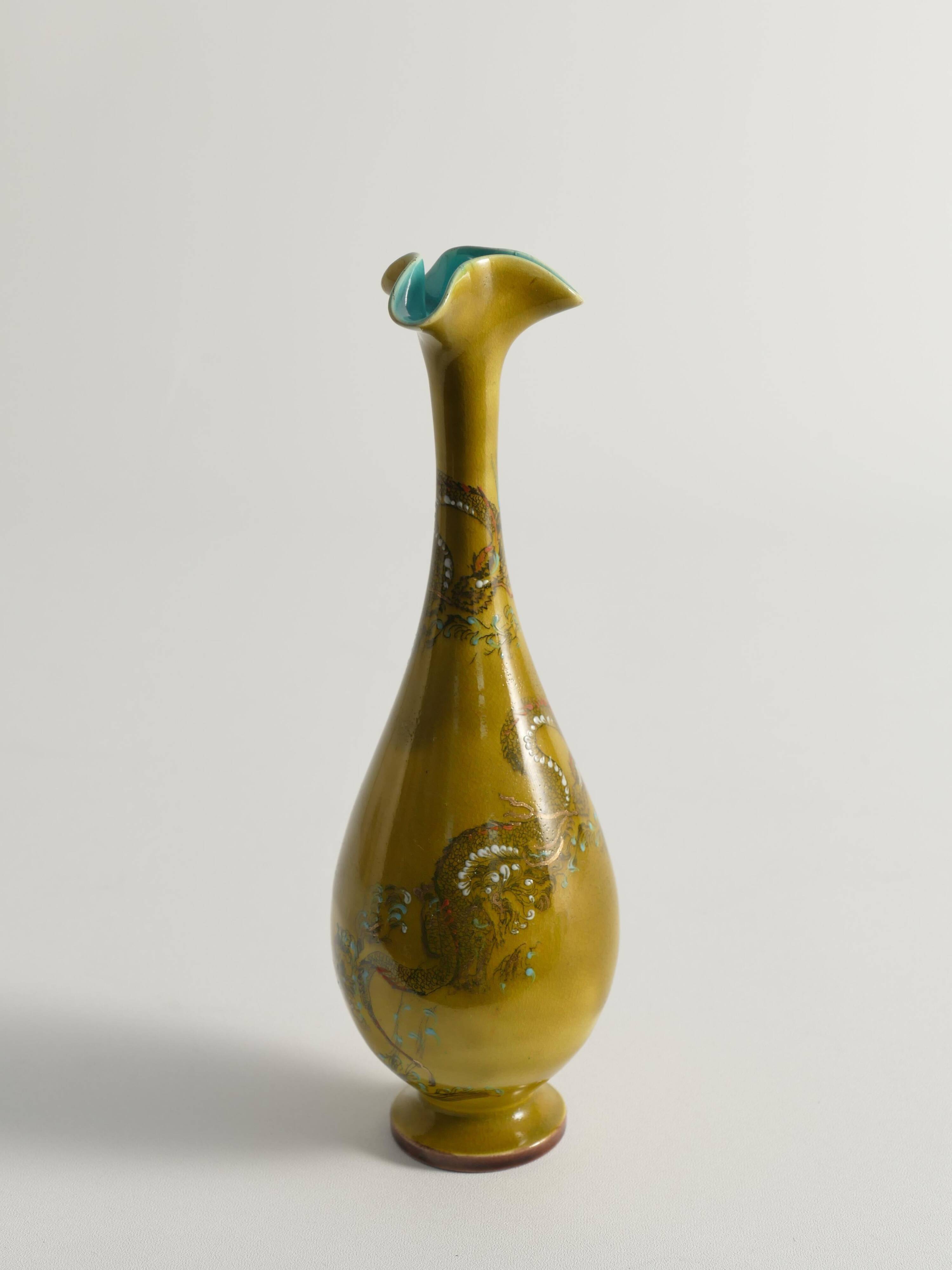 Chinoiserie Ochre Yellow Dragon Vase by Lambeth Doulton Faience, England 1880s