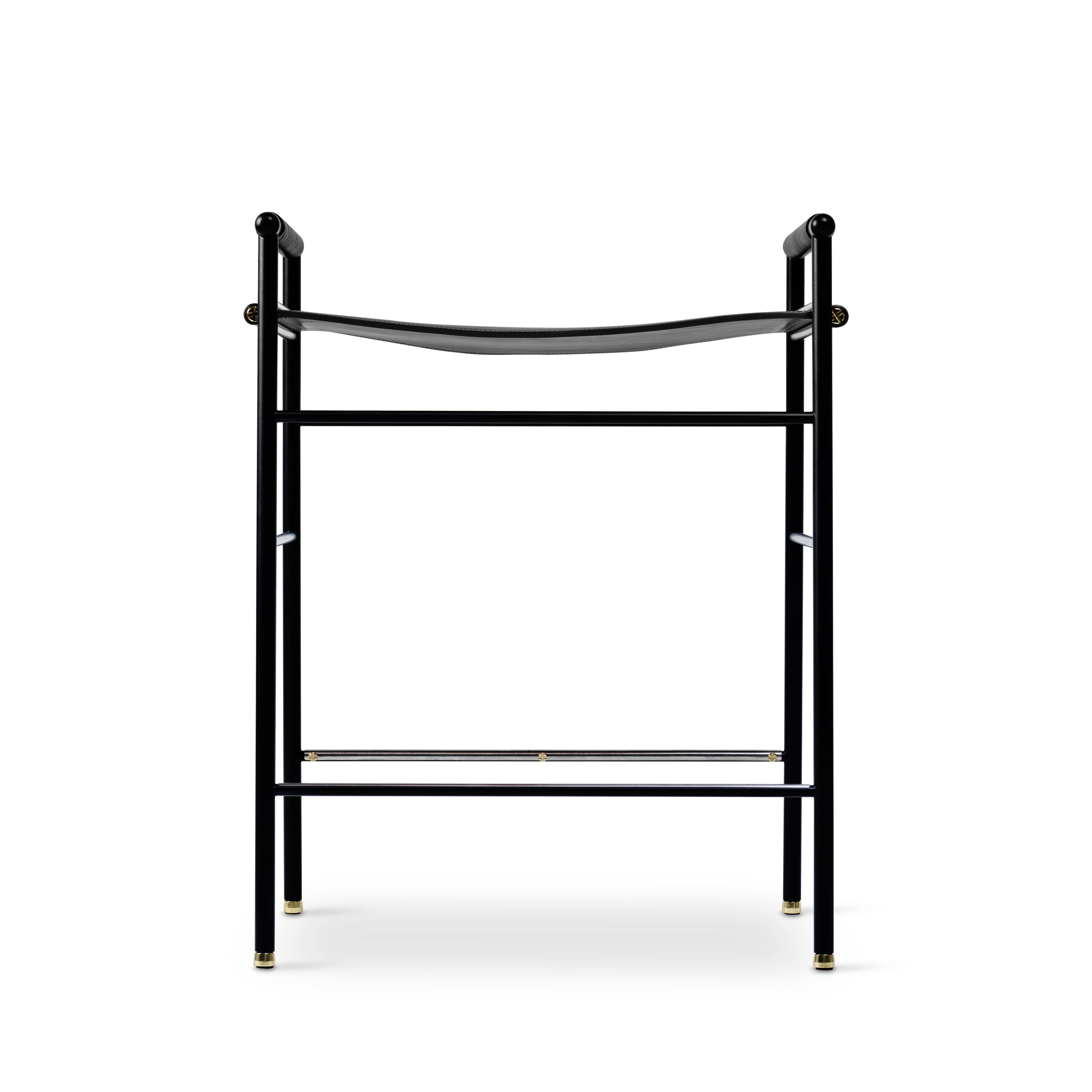 Set of 5 contemporary Artisan bar stools, black leather, black rubber.