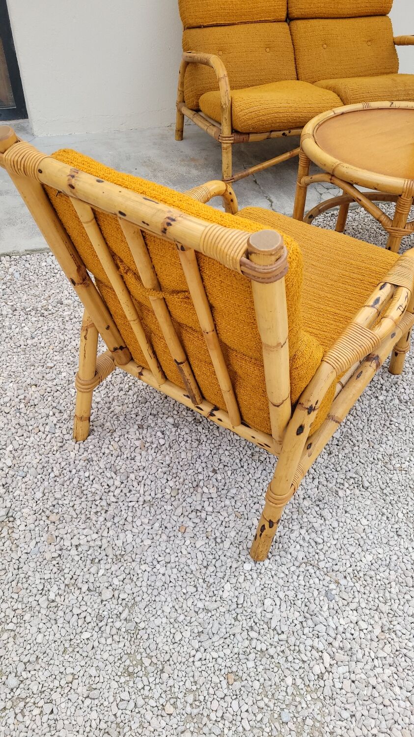 Salon canapé, 2 fauteuils et table basse en rotin vintage fabrication 1950