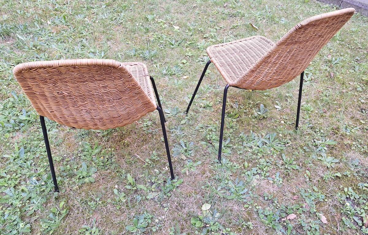 Pair of Legler rattan and metal dining / stacking chairs, Switzerland 1960s