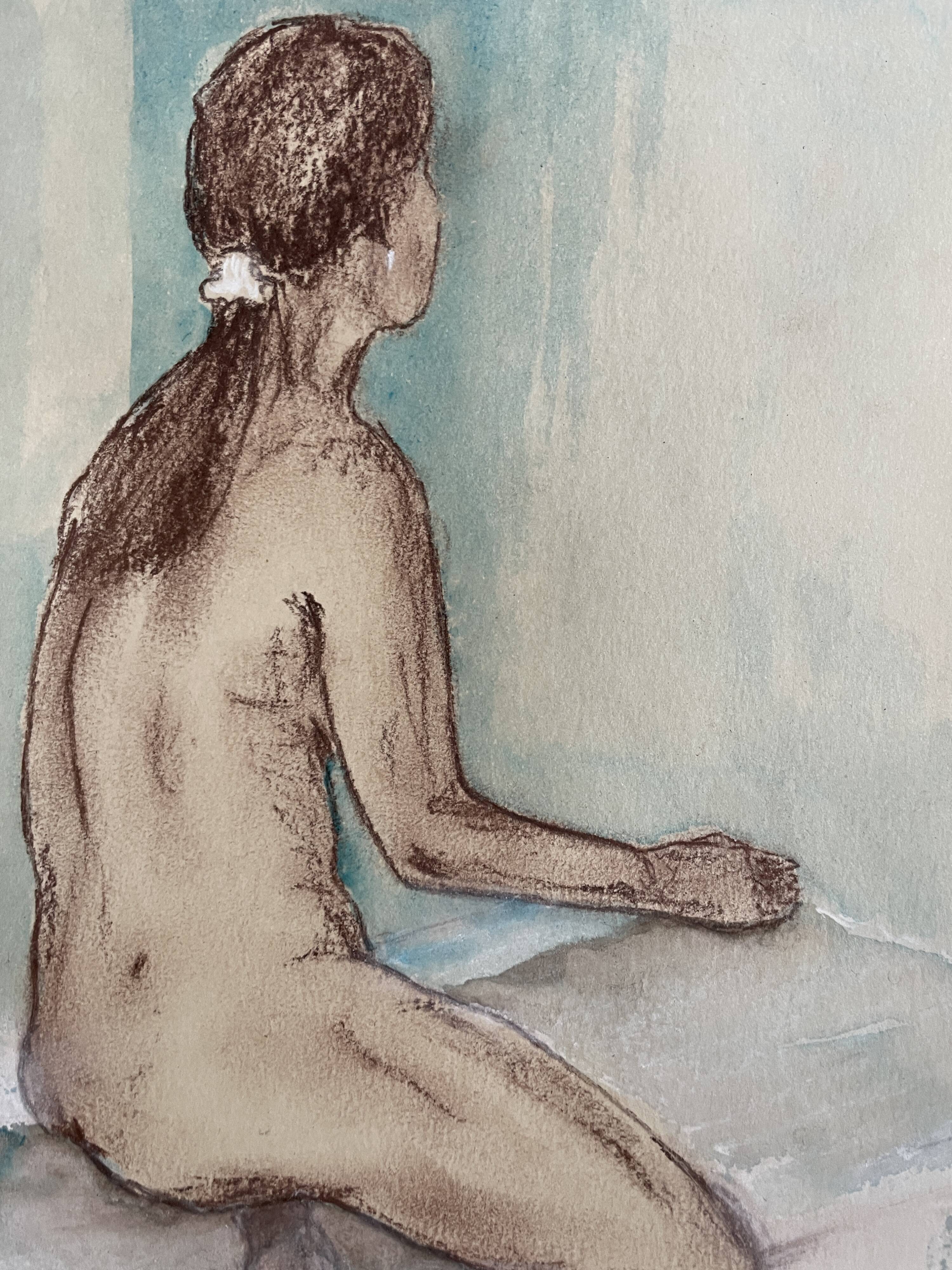 Painting signed sanguine watercolor female portrait “the pose”