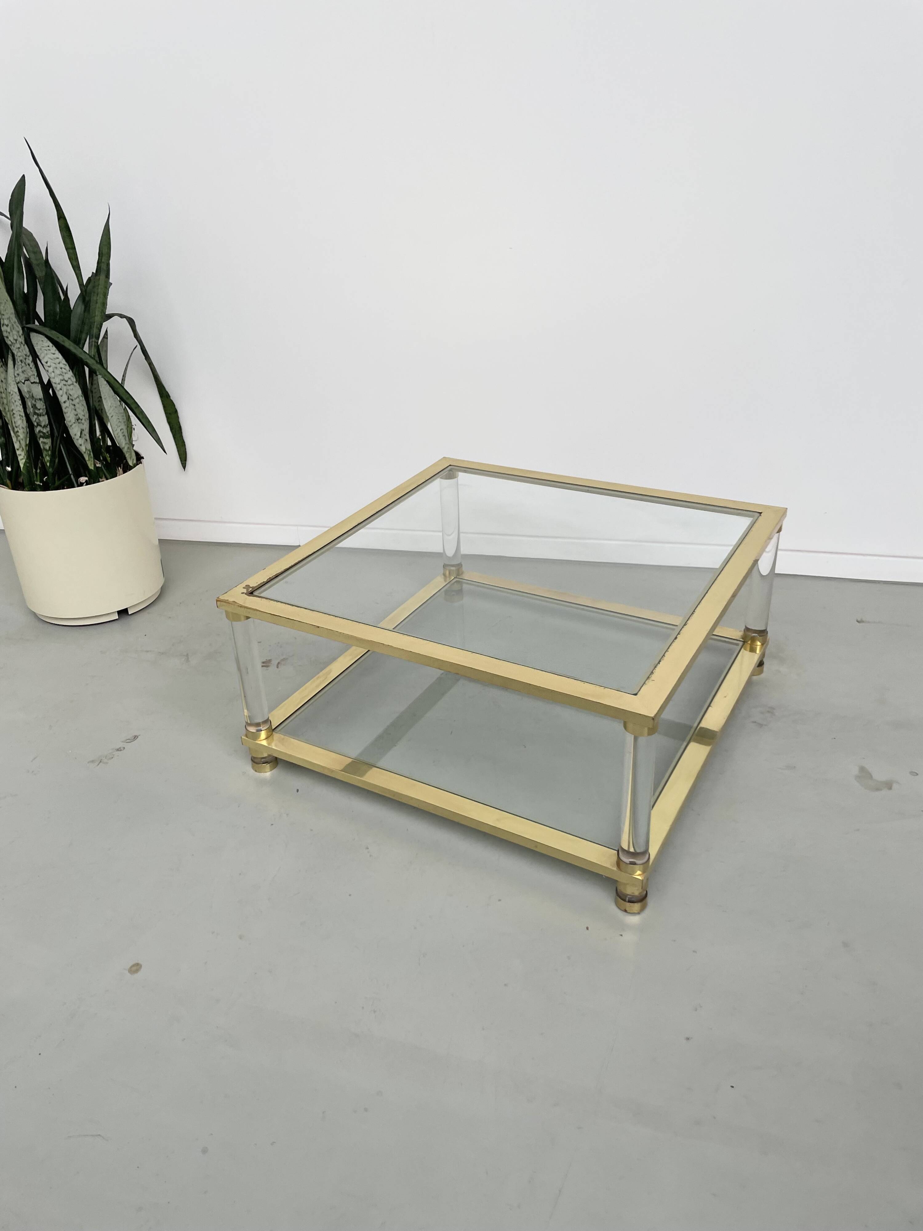 1970s lucite, brass and glass coffee table