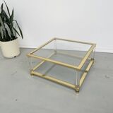 Table basse lucite, laiton et verre années 70