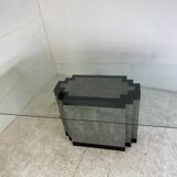 Table à manger postmoderne en pierre et marbre avec socle en laiton et plateau en verre, années 1980