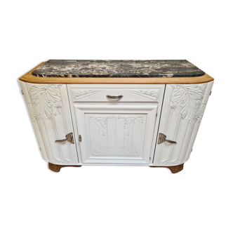 Buffet art déco 3 portes et 1 tiroir en chêne massif et marbre années 30