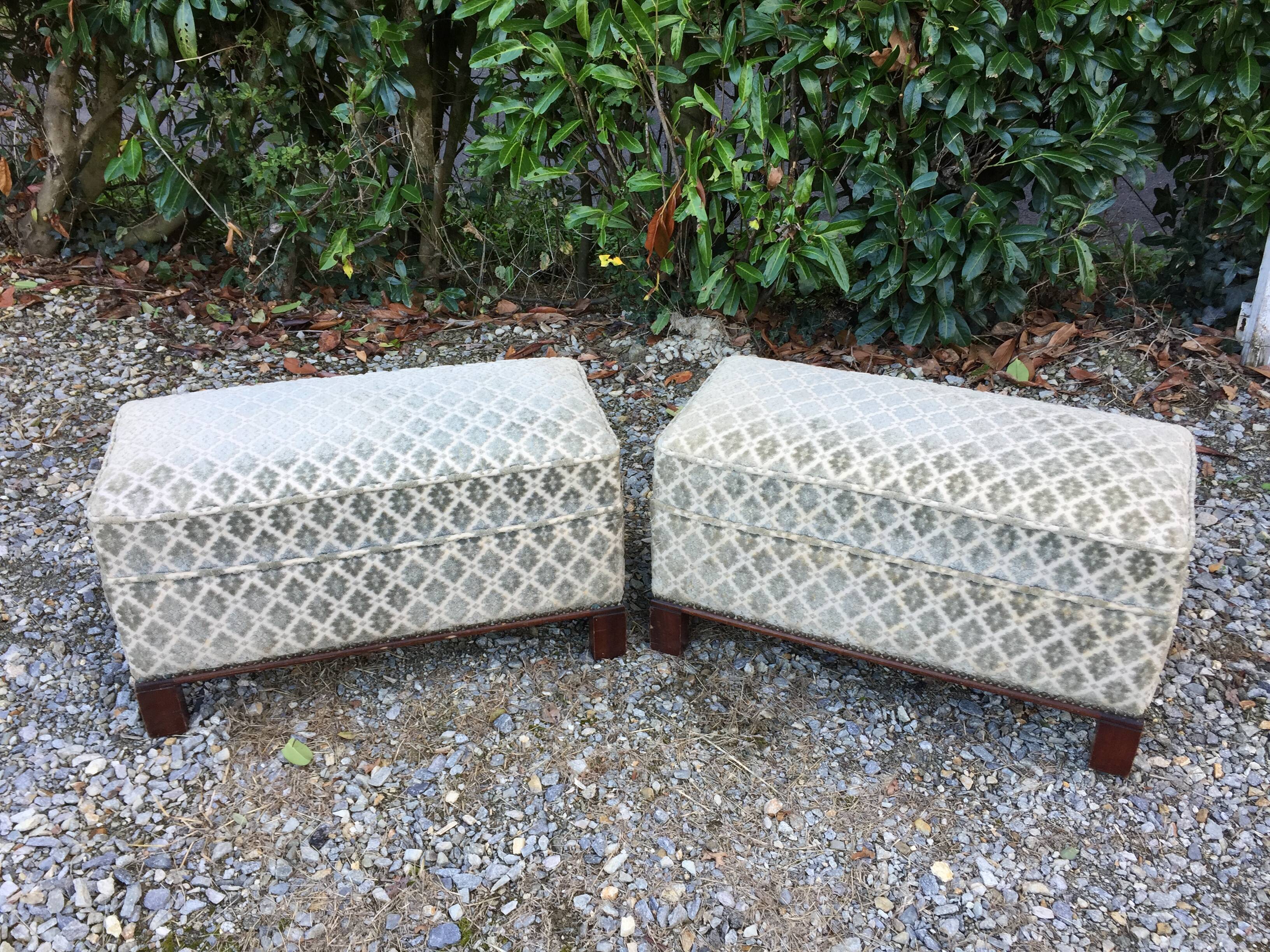 Duo of vintage velvet poufs and walnut base