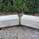 Duo of vintage velvet poufs and walnut base
