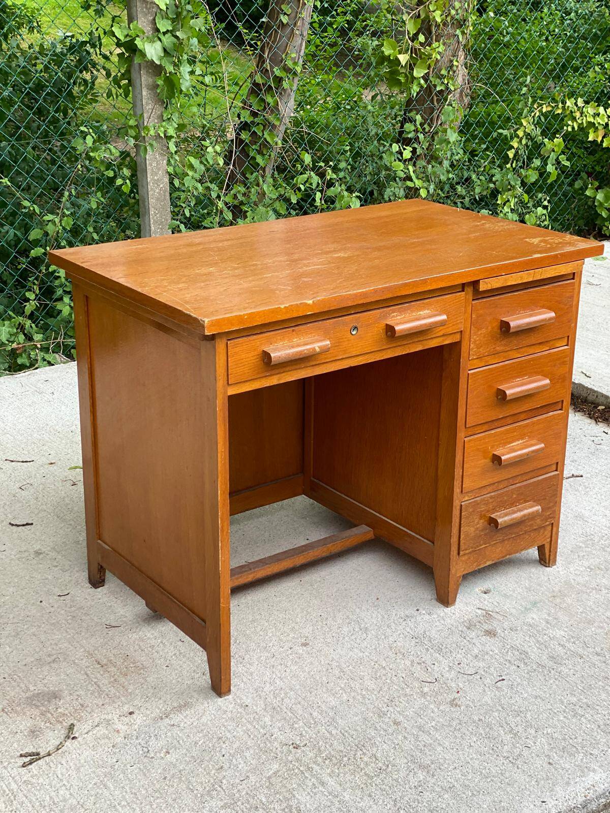 American desk in solid oak wood with 5 drawers
