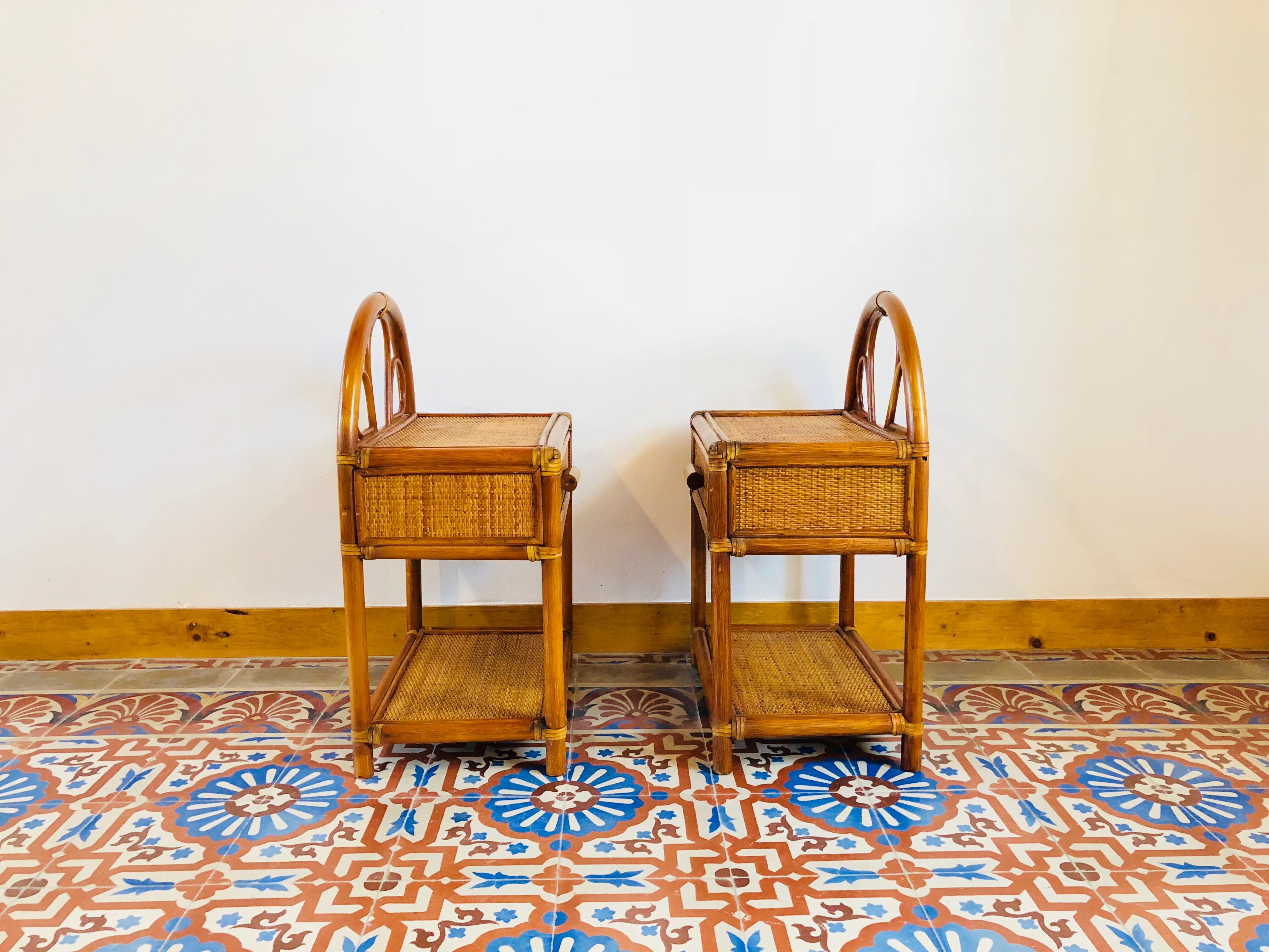 Pair of bamboo and rattan bedside tables