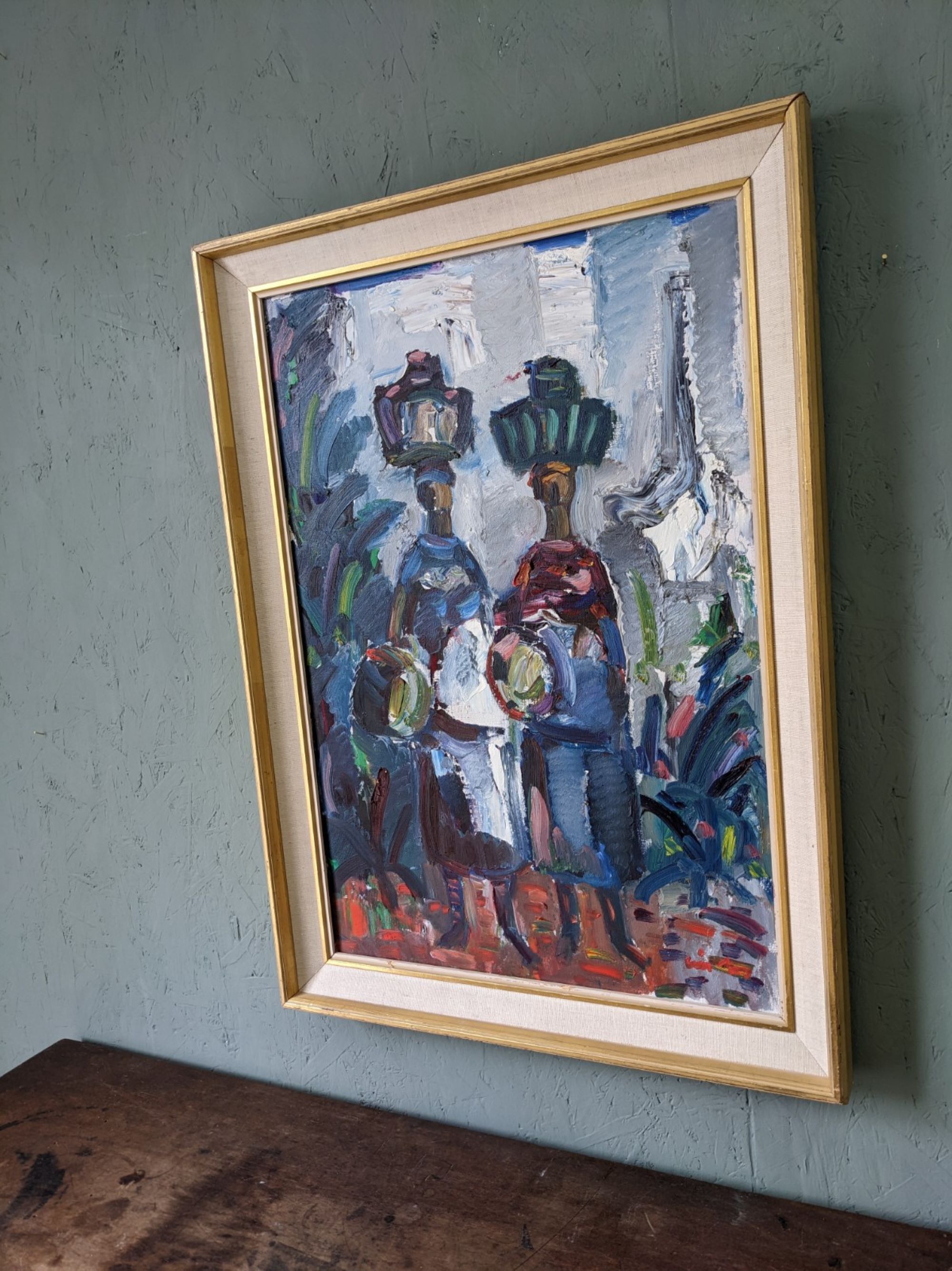 Peinture à l’huile figurative vintage suédoise « Moroccan Ladies » suédoise du milieu du siècle, encadrée