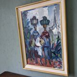 Peinture à l’huile figurative vintage suédoise « Moroccan Ladies » suédoise du milieu du siècle, encadrée
