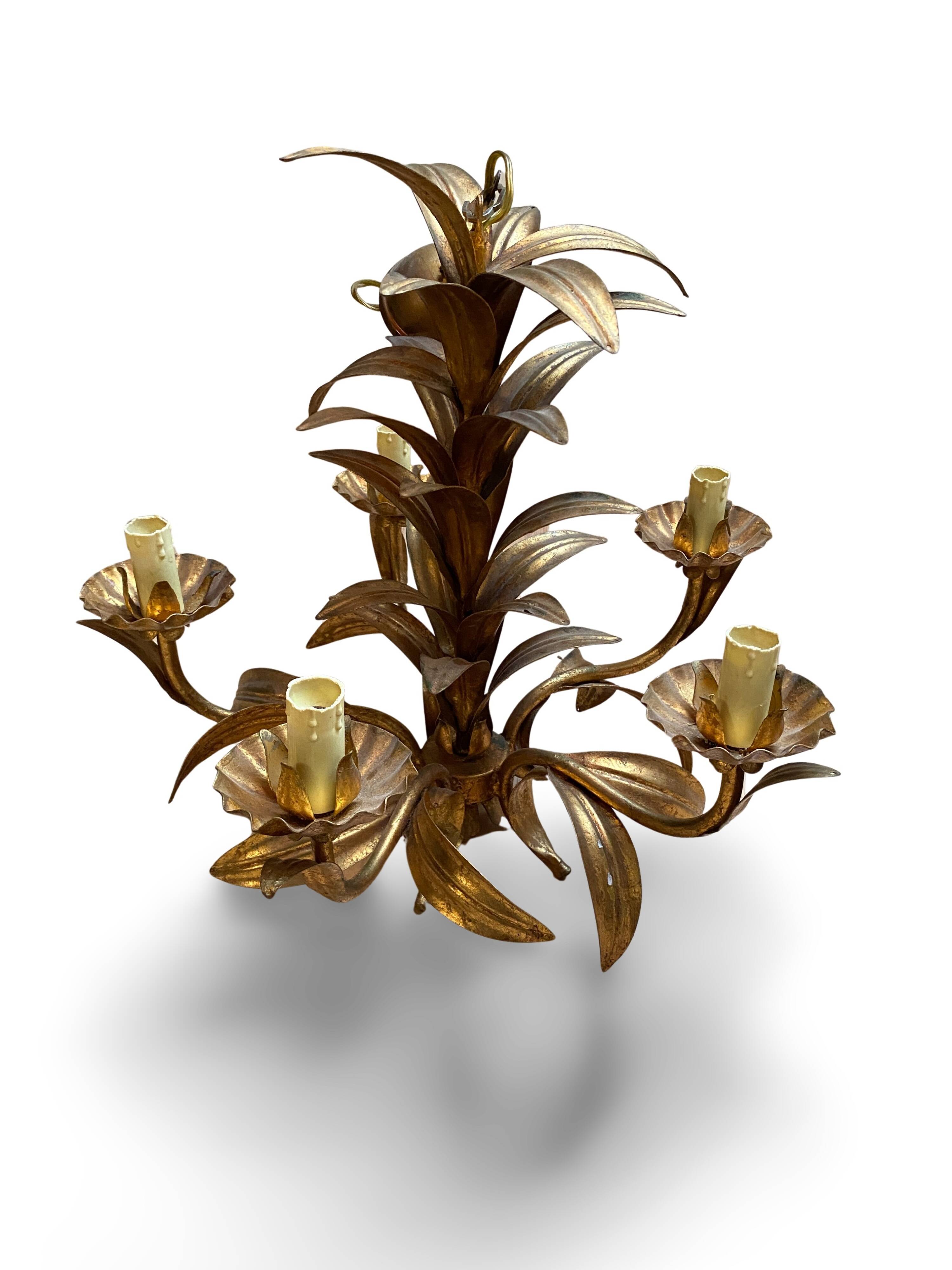 1960s Hollywood Style Gold Metal Chandelier, Fleuri