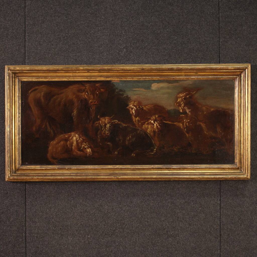 Italian painting from the 17th century, landscape with grazing animals