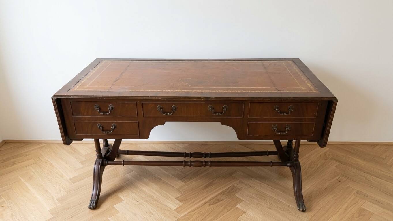 Antique wooden desk with a faux leather top and extensions.