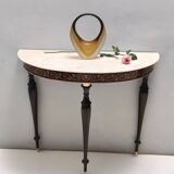 Beech and Black Walnut Console Table with a Demilune Marble Top