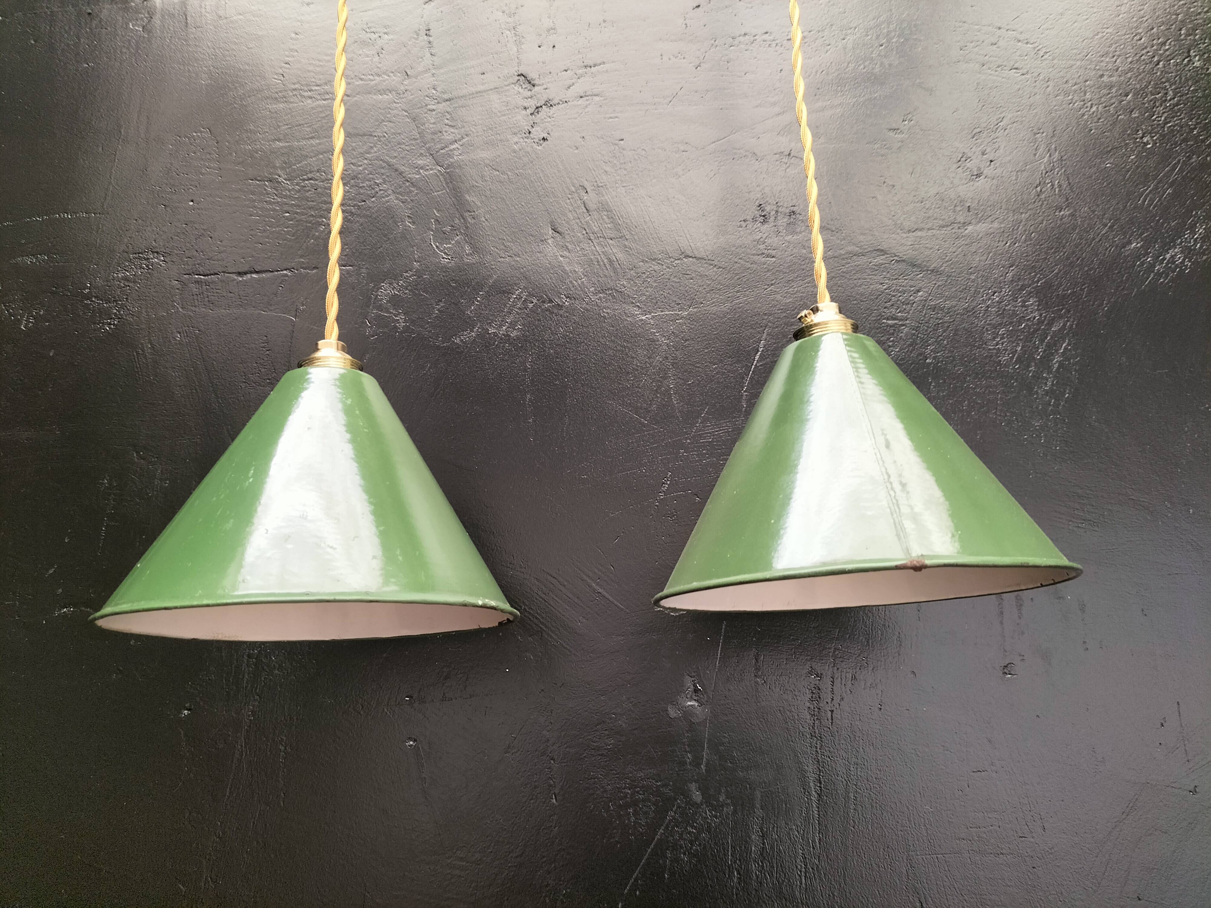 2 enameled sheet metal cone pendants