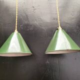2 enameled sheet metal cone pendants