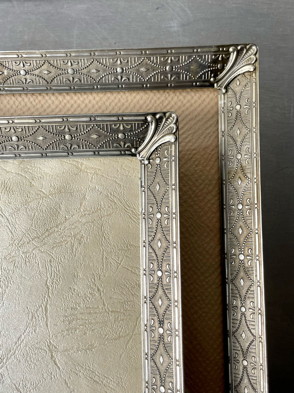 Pair identical vintage metal frames each 18.5 cm x 14.5 cm convex glass