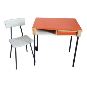 Bureau enfant orange avec chaise 70s